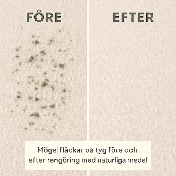 mögelfläckar på tyg före och efter rengöring med naturliga medel